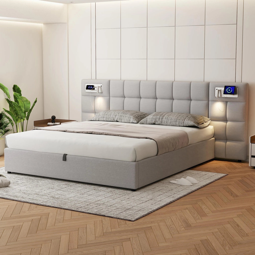 LETTO Contenitore Idraulico 180x200 cm Lino Grigio USB Ricarica Wireless Luce
