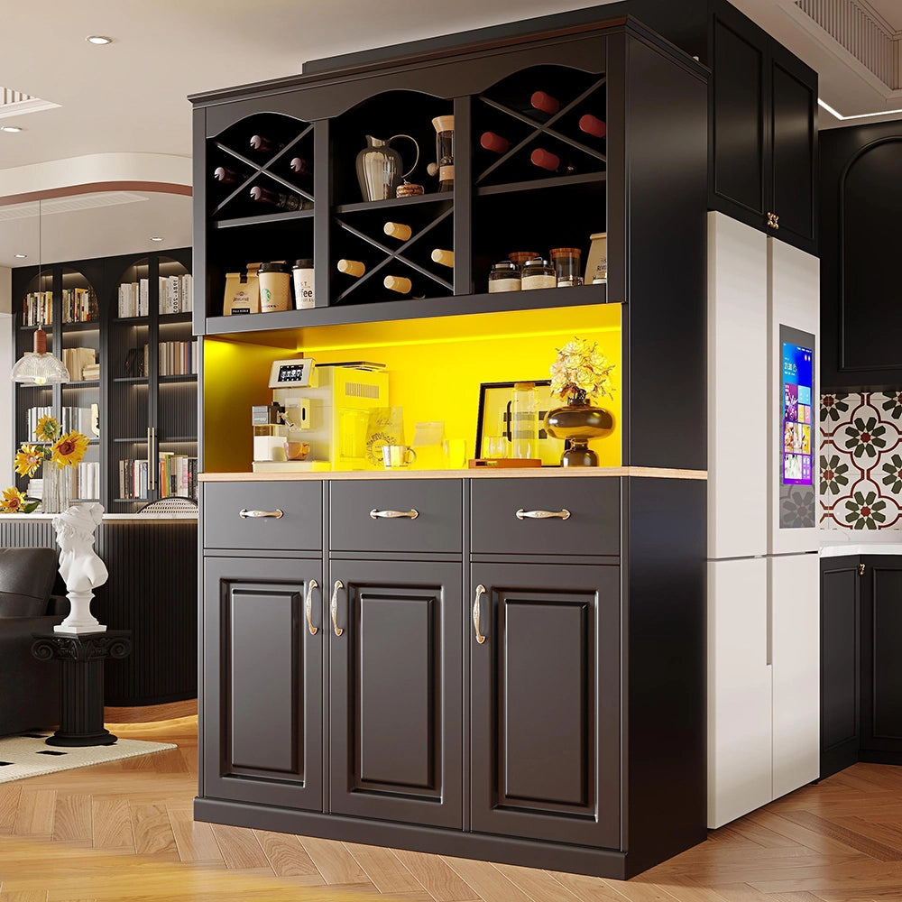 Credenza Cucina Alta 120x40x180cm - Xylo - 3 Ante, 3 Cassetti e Luci LED, Nero