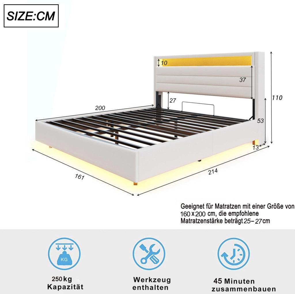 LETTO Imbottito 160x200 cm Beige con USB, LED e contenitore idraulico