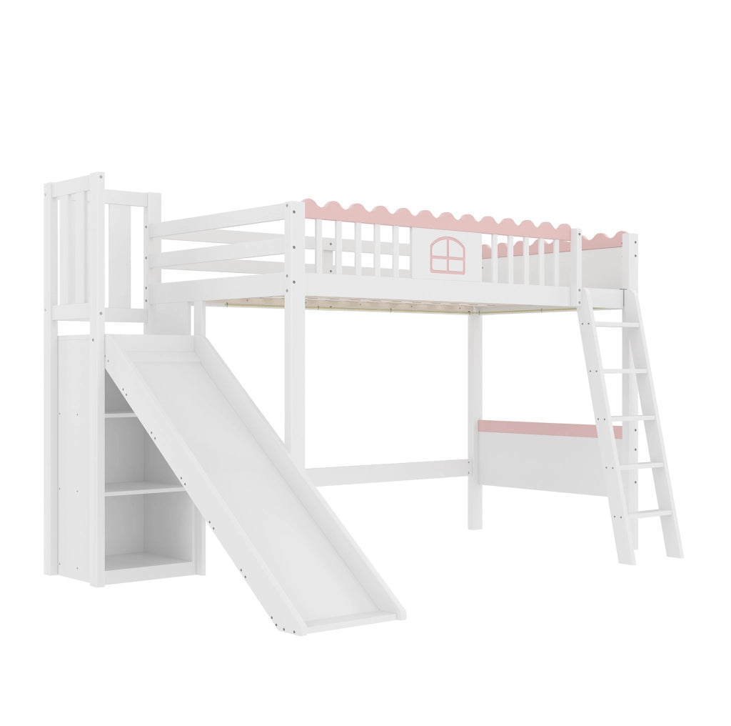 Letto a castello singolo in pino con scivolo, LED e ripiani, bianco, 90x200 cm