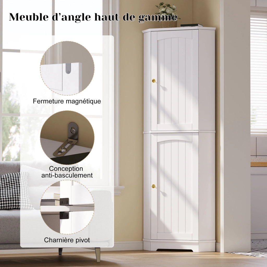 Armadio angolare con ripiani regolabili e 2 ante ad arco in MDF bianco per cucina e soggiorno 42 × 42 × 166 cm