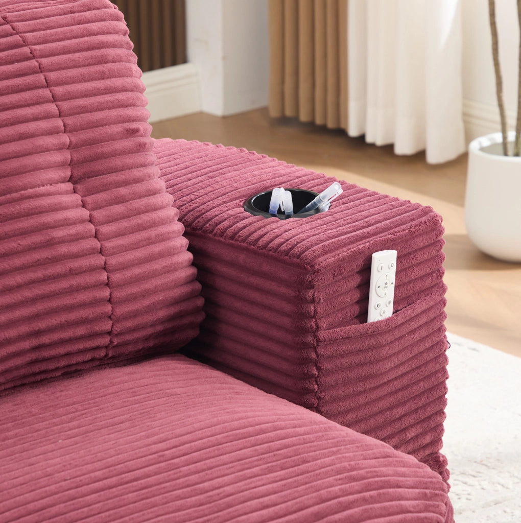 Poltrona letto 2-in-1 in velluto a coste, divano convertibile con braccioli regolabili e doppio porta bevande, colore vino
