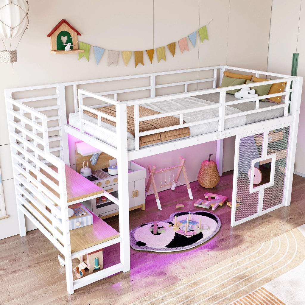 Letto a soppalco in metallo 90 x 200 cm con scala, contenitore, illuminazione LED e finestre - Bianco