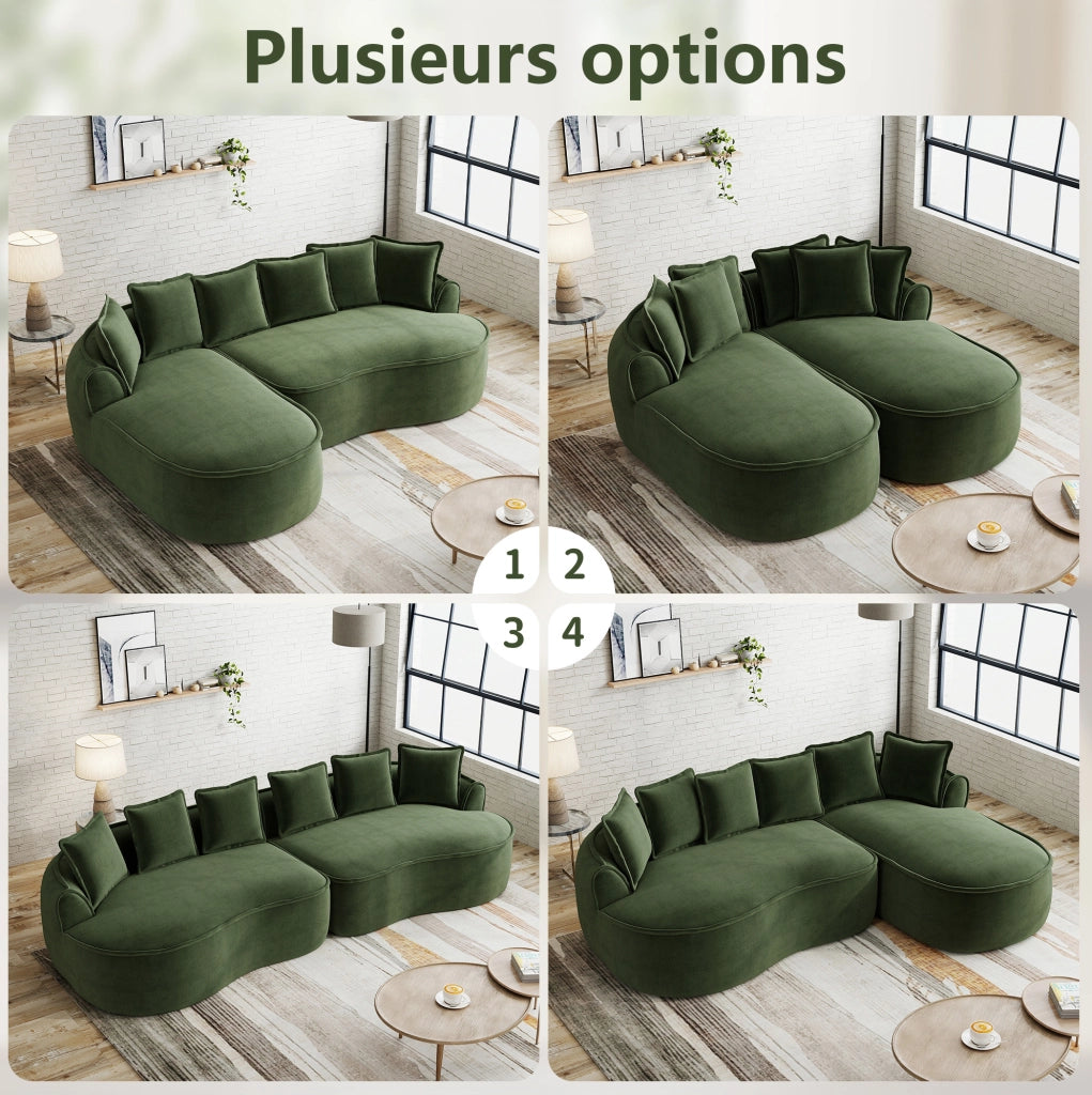 Divano modulare doppio verde in tessuto chenille, design senza telaio con chaise longue extra profonda e cuscini inclusi