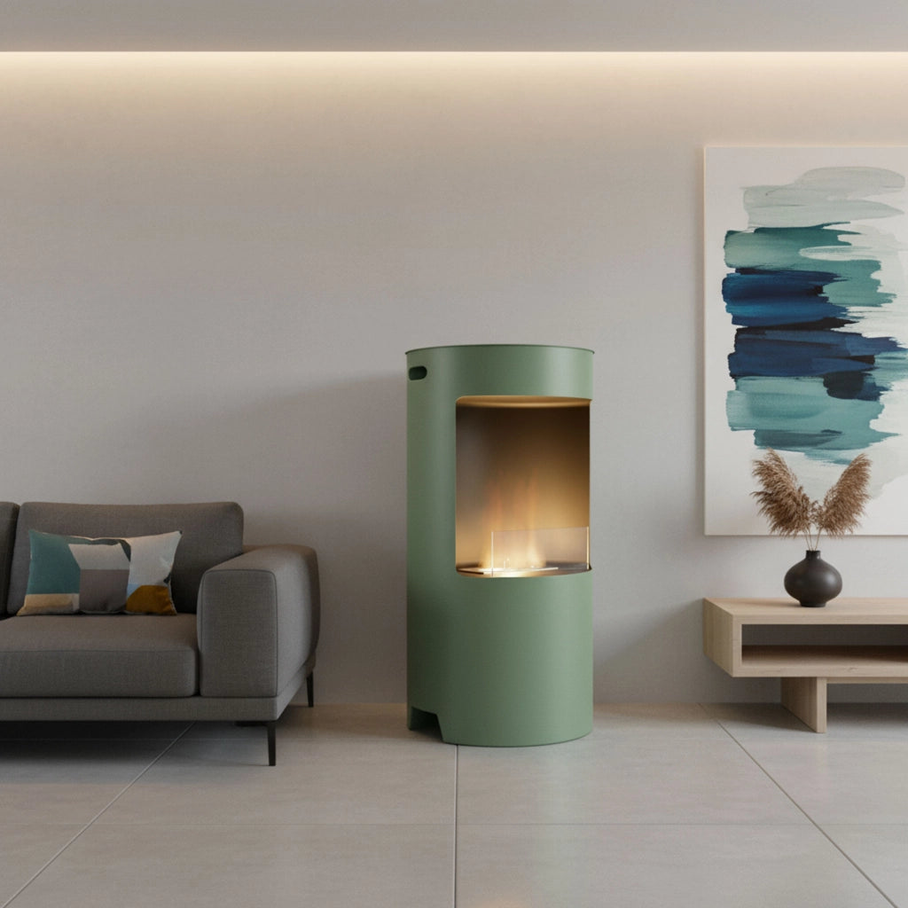 Giulio Cesare - Camino a Bioetanolo da Pavimento Ø40x80 cm di Design da Interno per Arredo in Acciaio Inox Salvia