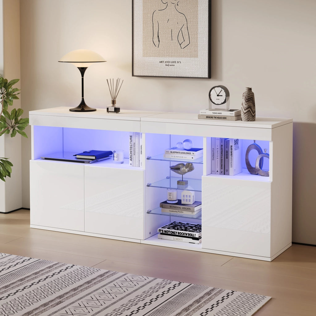 Credenza da soggiorno 155;5 x 35 x 72 cm con LED e finitura lucida; bianco