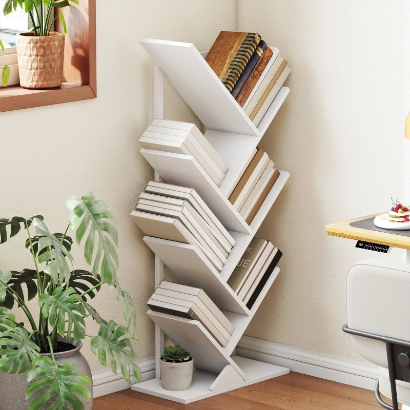 Libreria 50x24x109 cm a forma di albero con 7 ripiani in legno bianco
