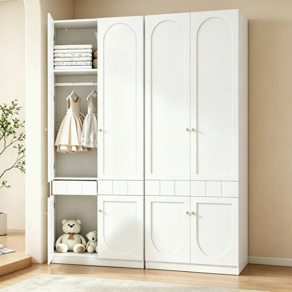 Set 2 Armadi Bianchi Laccati 160x50x200 cm, con Asta Appendiabiti, Cassetti e Maniglie in Metallo