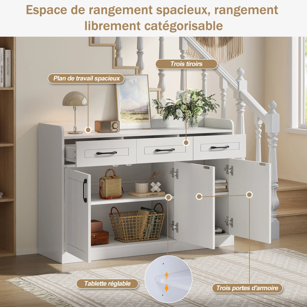 Credenza e madia con 3 ante e 3 cassetti, ripiani regolabili, per soggiorno e ingresso, bianca, 120 × 35 × 80 cm