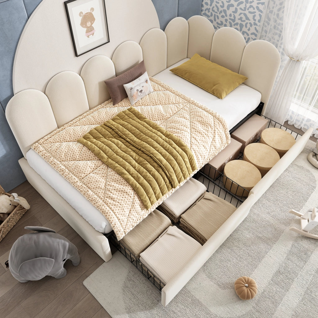 Letto divano singolo 90 × 190 cm 1 posto con 2 cassetti; senza materasso; in velluto beige per cameretta
