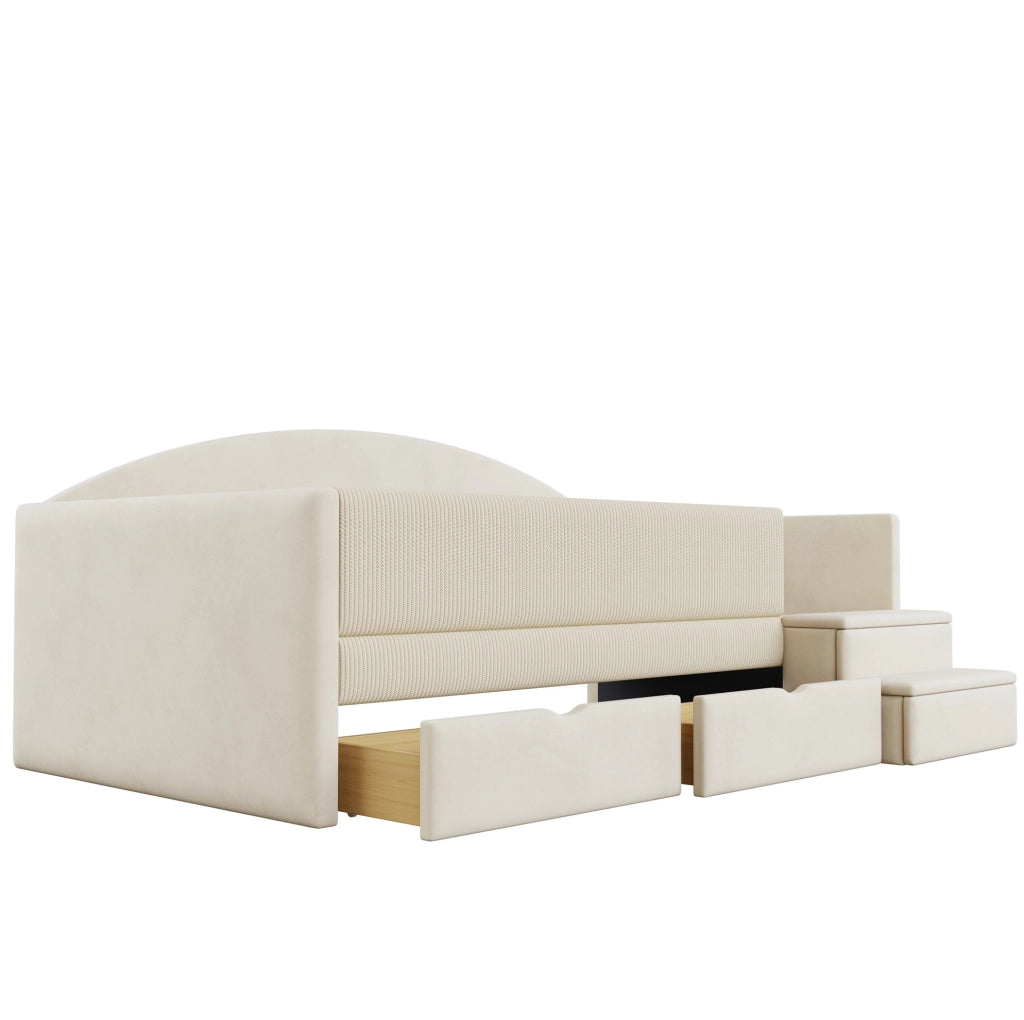 Letto imbottito multifunzionale 90x190 cm con due cassetti e protezioni, tessuto vellutato beige, senza materasso