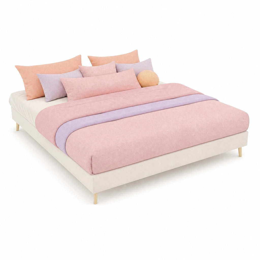 Letto matrimoniale 140x200 cm in tessuto beige con testiera geometrica e struttura in metallo
