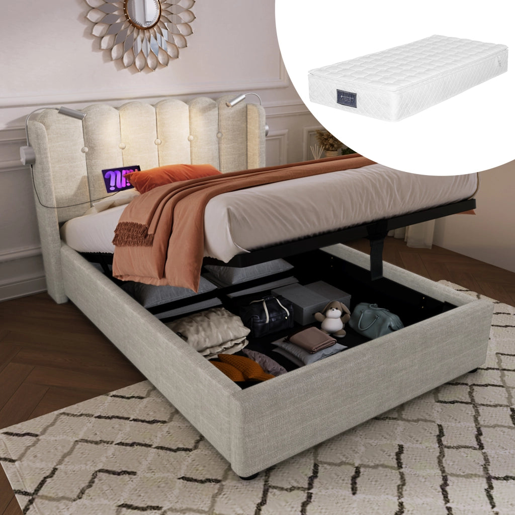 Letto Singolo 90x200 cm; Letto con Contenitore; Luce da Lettura e USB in Lino Beige