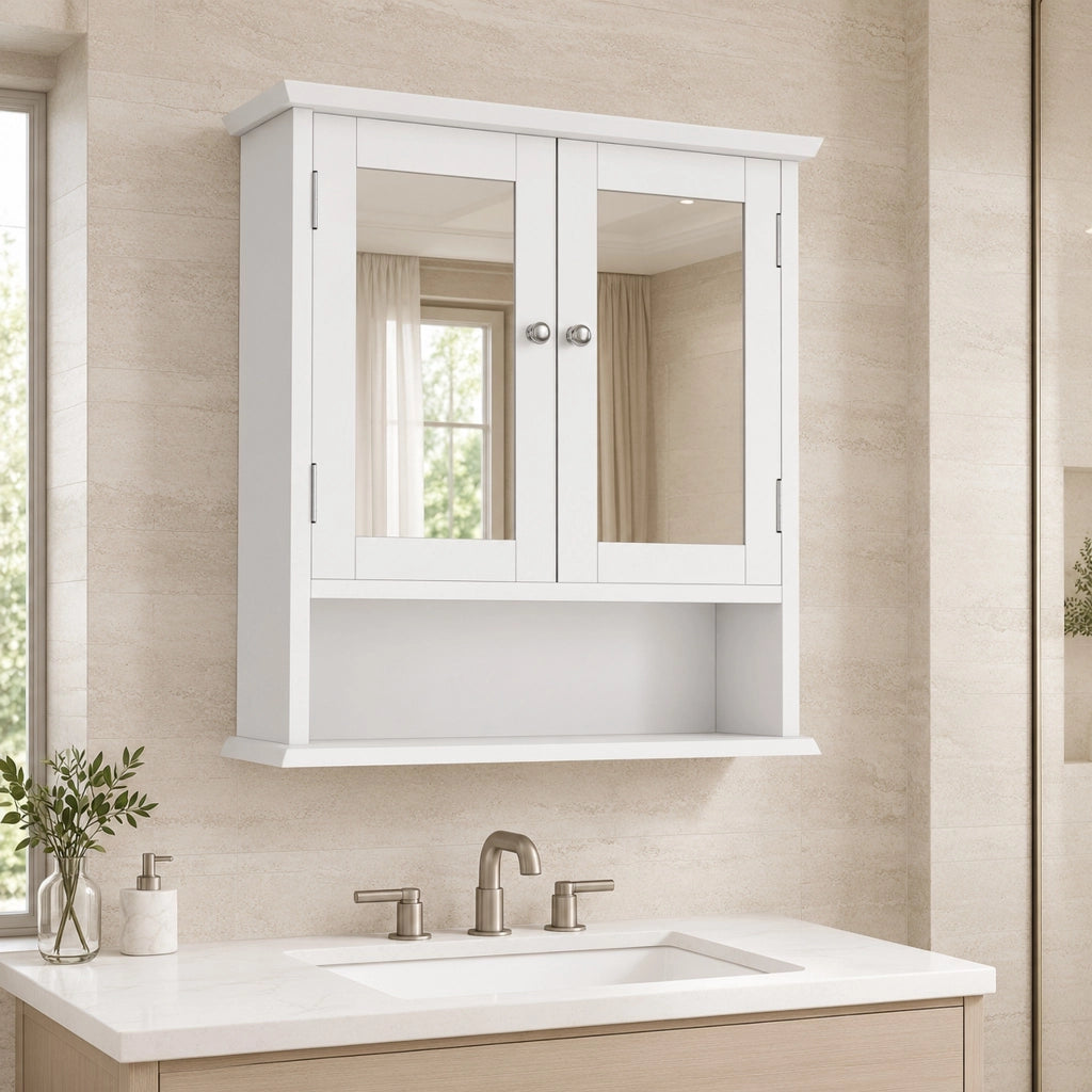 Mobile bagno sospeso 54,6x19,8x60 cm con specchio e ripiani in MDF bianco