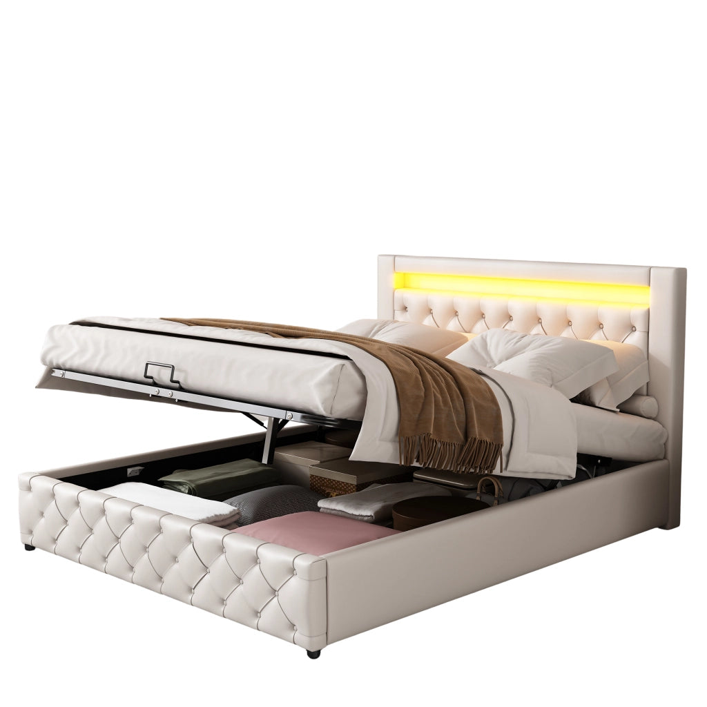 Letto matrimoniale imbottito 140x200 cm con rete a doghe; contenitore e LED; bianco in PU