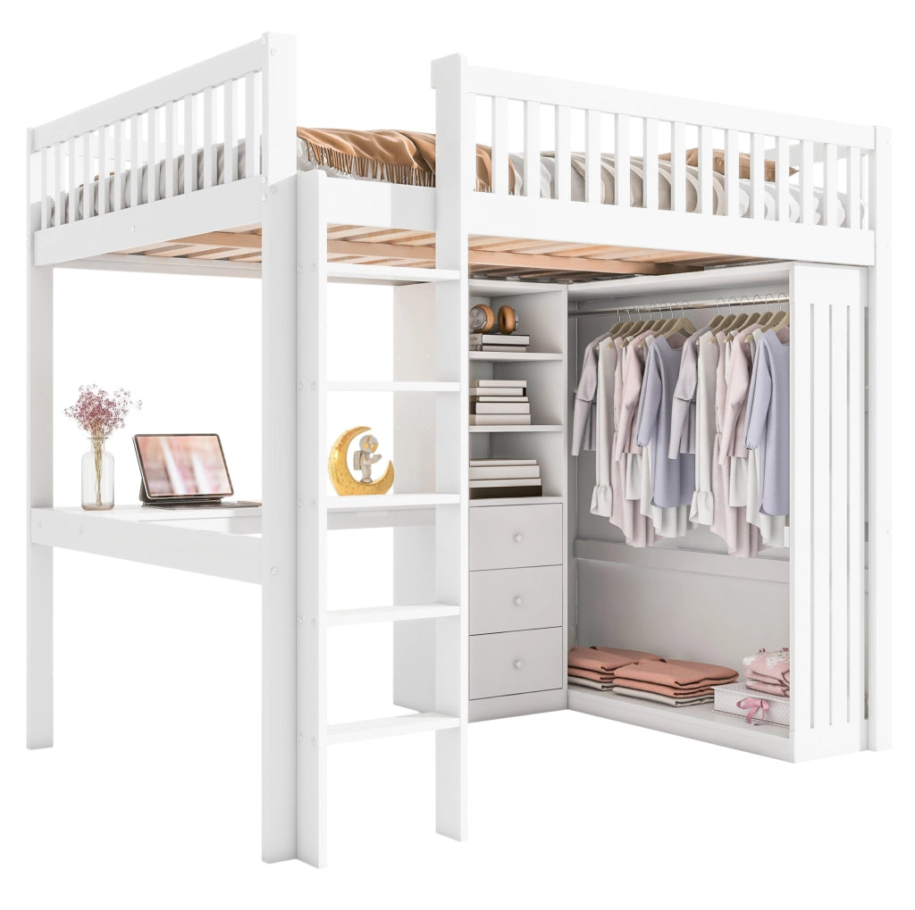 Letto a soppalco bianco con scrivania, armadio e 3 cassetti, 140x200 cm