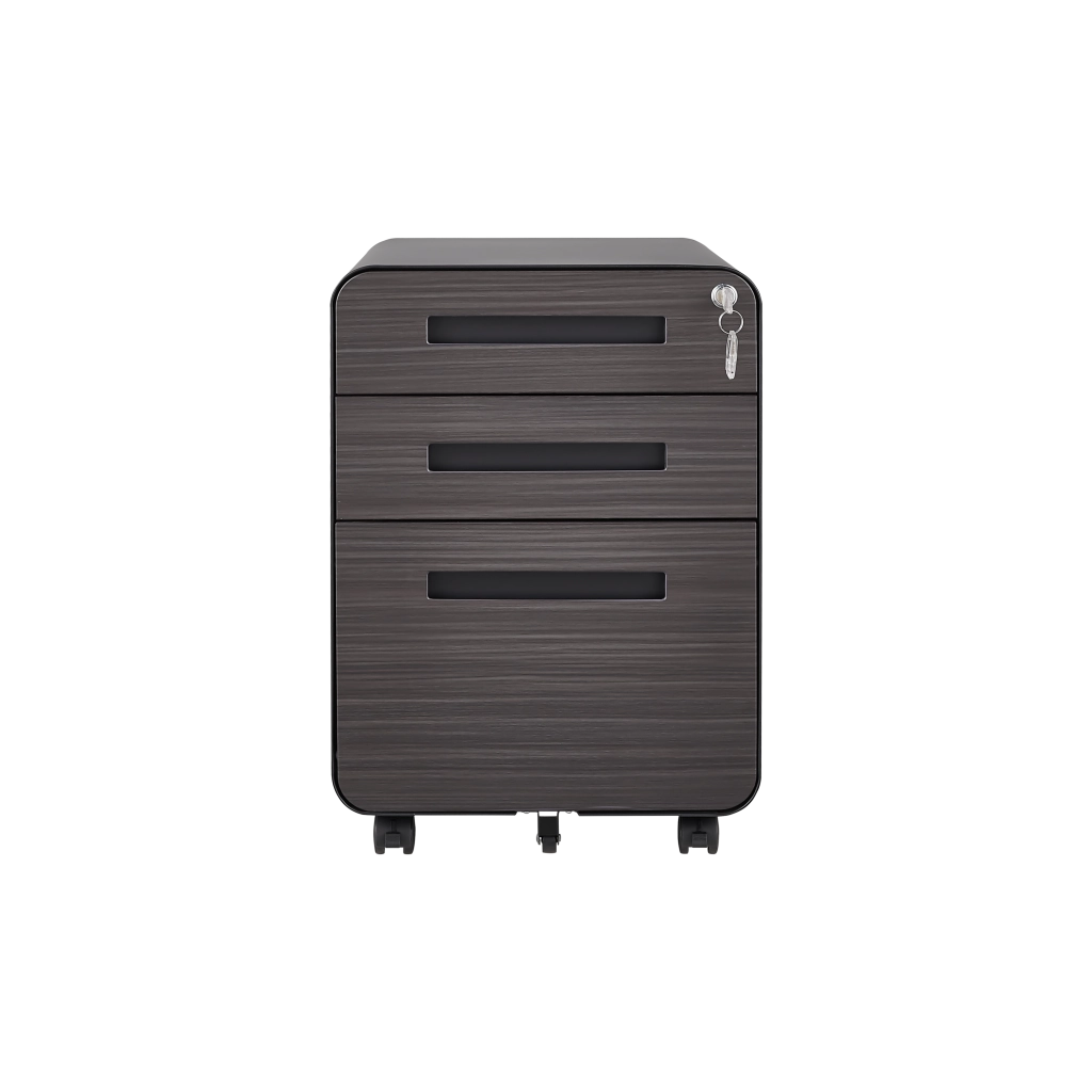 Cassettiera da scrivania 3 cassetti con serratura e ruote; per file A4. metallo nero marrone 53.5 × 47.0 × 62.7 cm