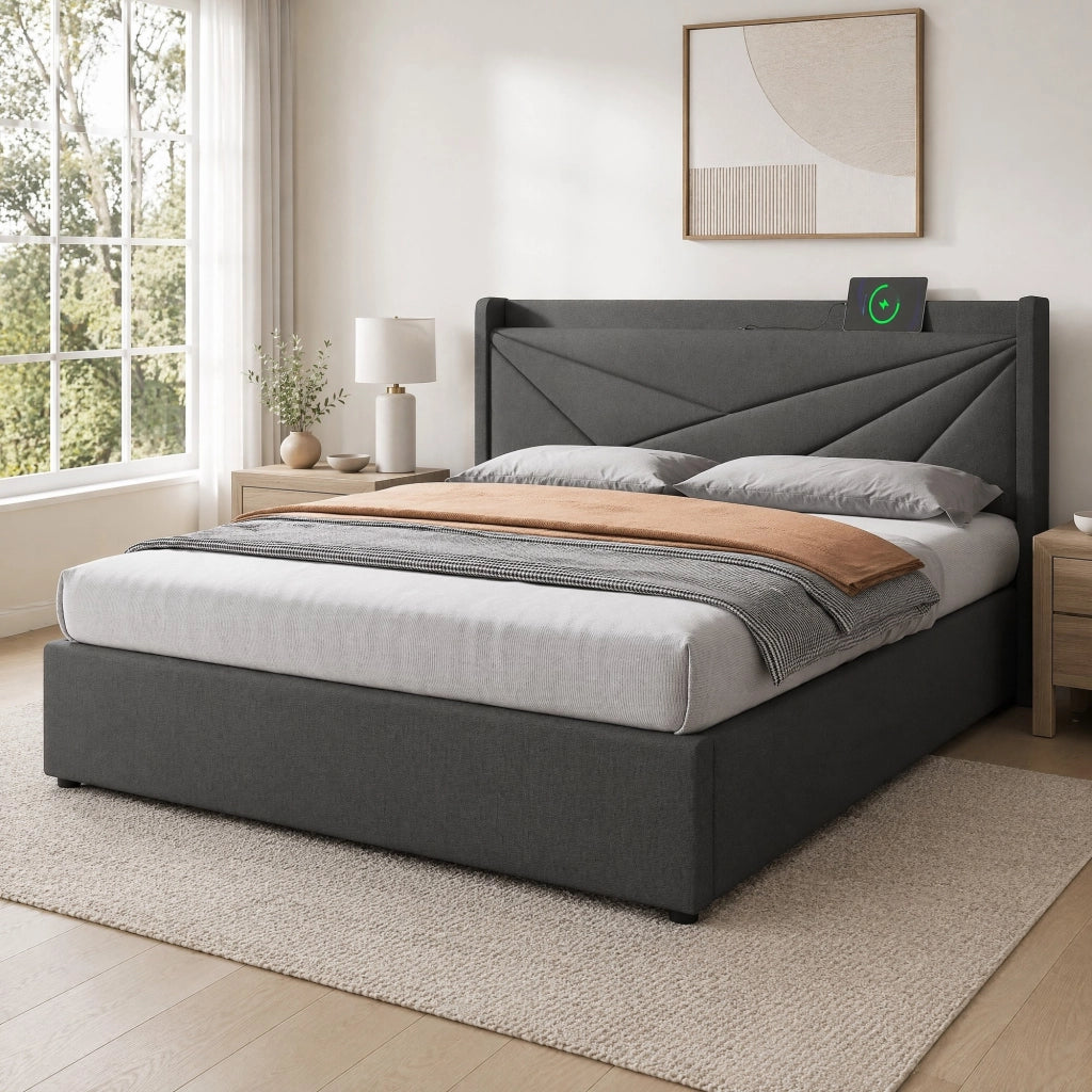 Letto matrimoniale 160x200 cm con contenitore; USB e USB-C; cotone e lino grigio