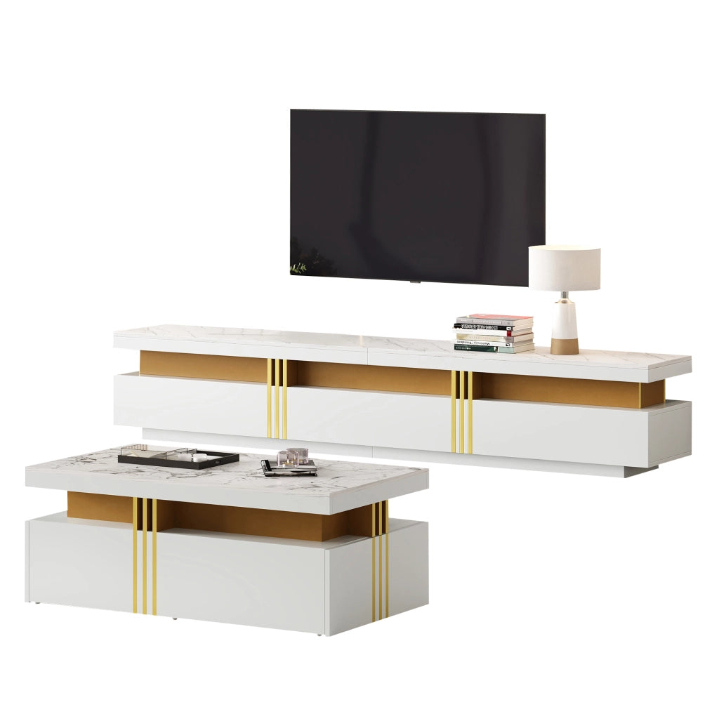 Set mobile TV e tavolino da caffè bianco; piano effetto marmo; 5 cassetti
