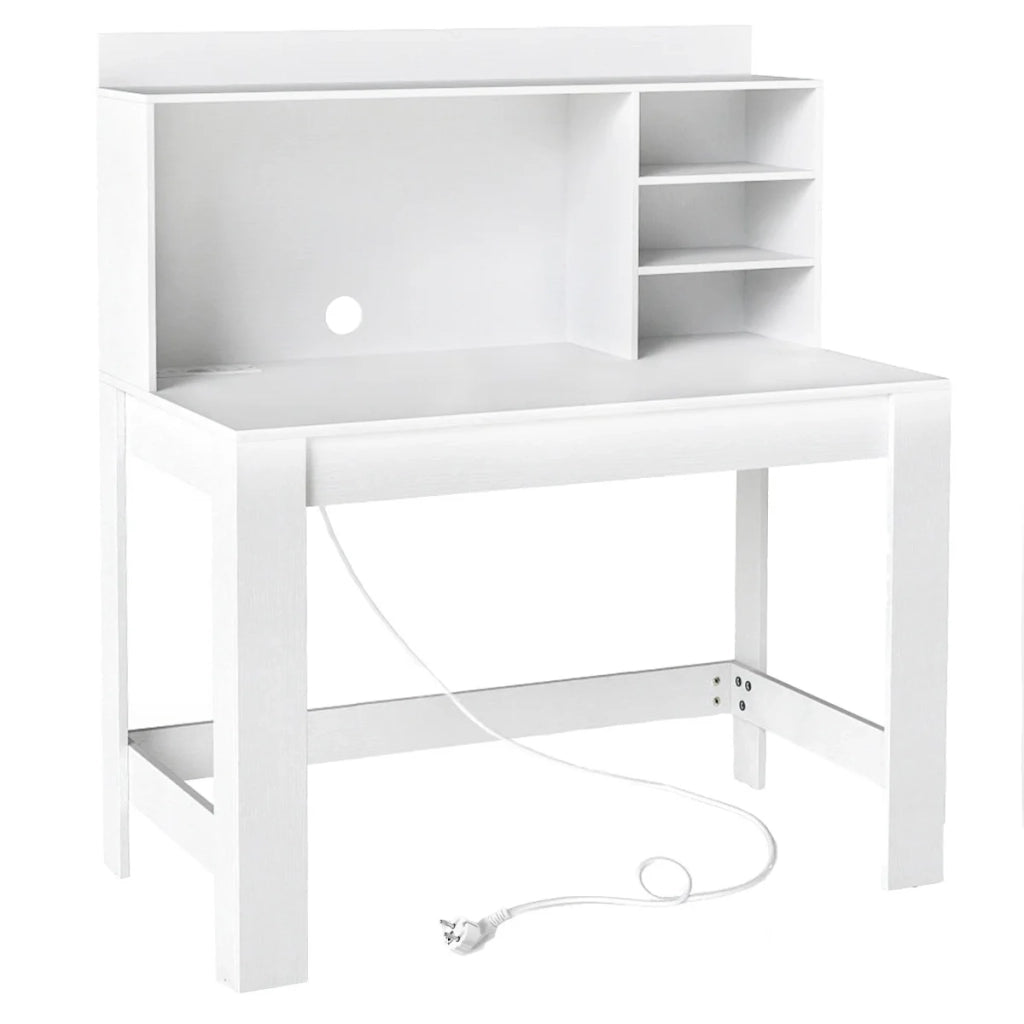 Scrivania Porta Computer con Libreria e Prese USB Type-C, Tavolo da Studio con Ripiani e Gestione Cavi, Bianco