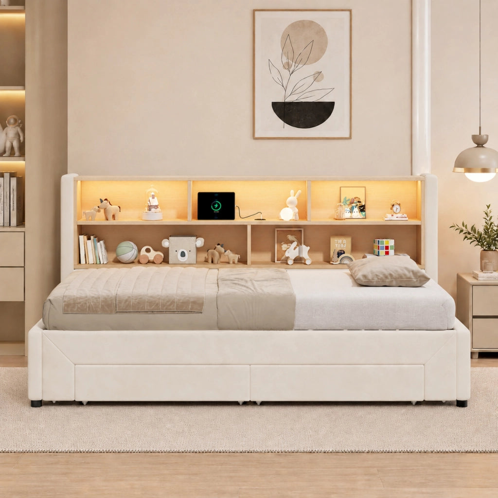 Letto con cassetti 90 × 200 cm estraibile fino a 180 × 200 cm in velluto beige con LED e porte USB
