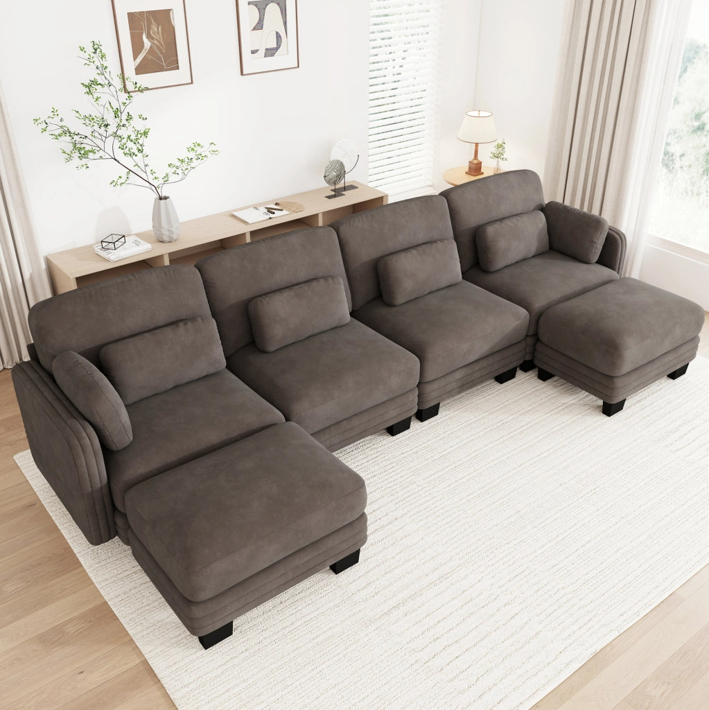 Divano modulare a U 330x143x88 cm in ciniglia marrone con pouf