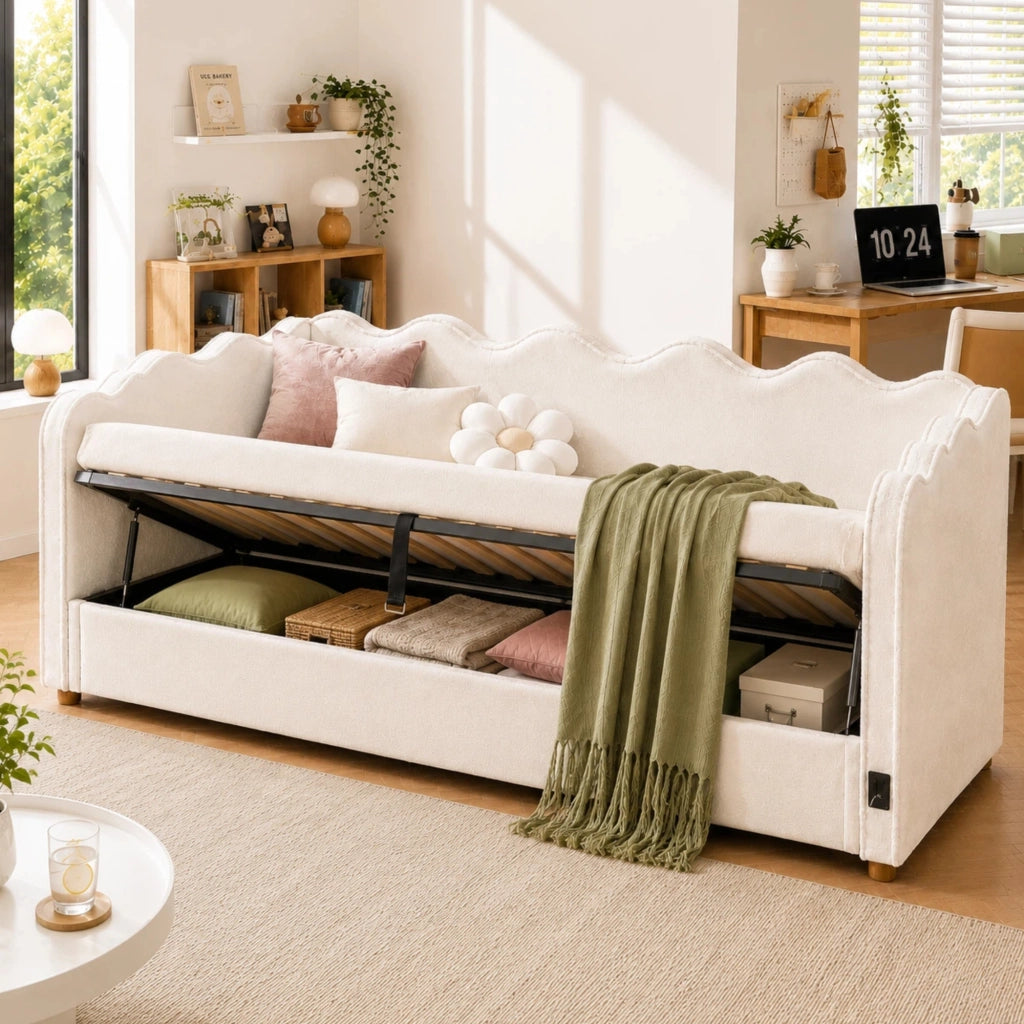 Letto per bambini 90x200 cm imbottito con vano contenitore idraulico; USB e Type-C; velluto beige