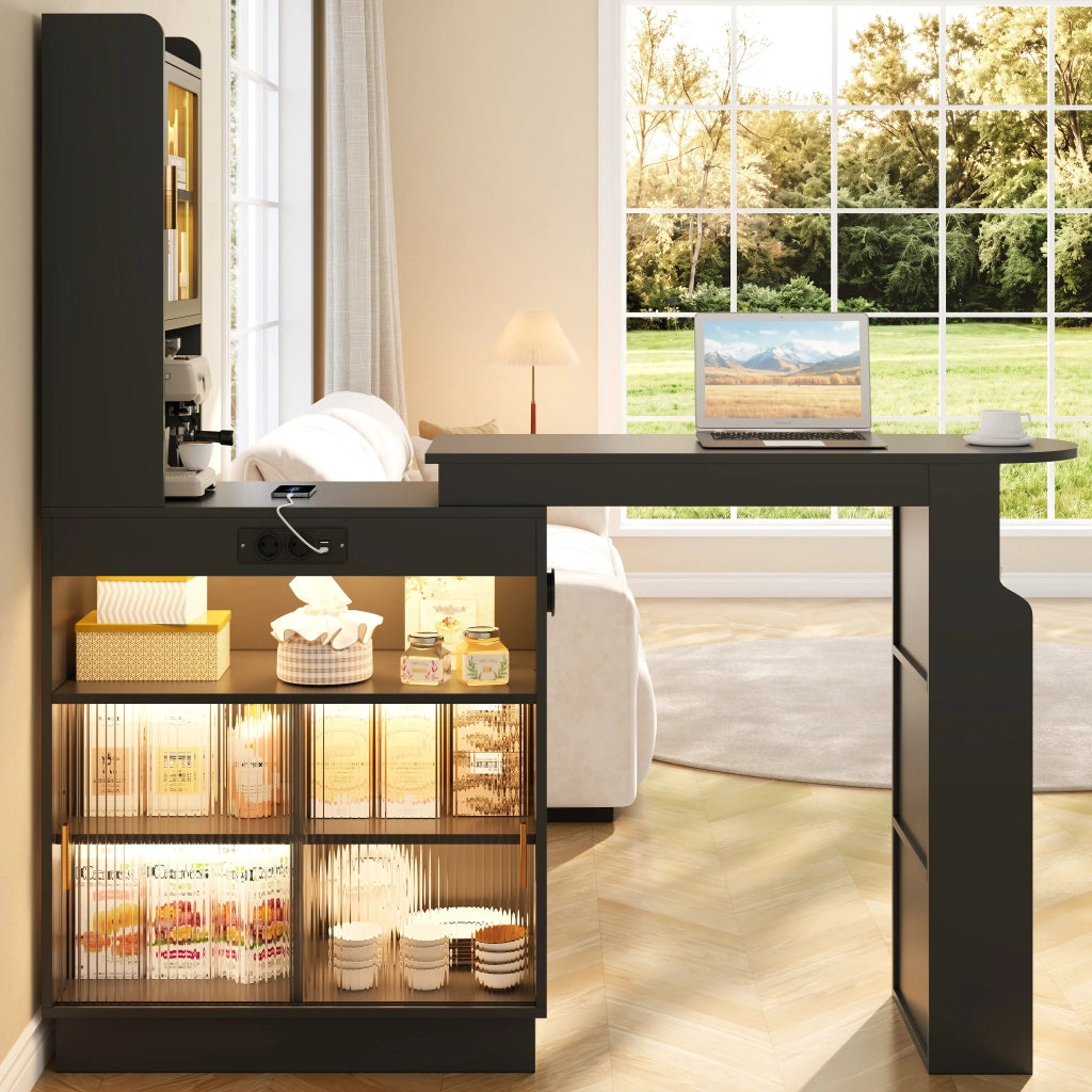 Bar allungabile con contenitore, credenza e armadio da cucina con ante in vetro, illuminazione LED con controllo app, presa, USB e USB-C, nero, 131–170 × 40 × 170 cm