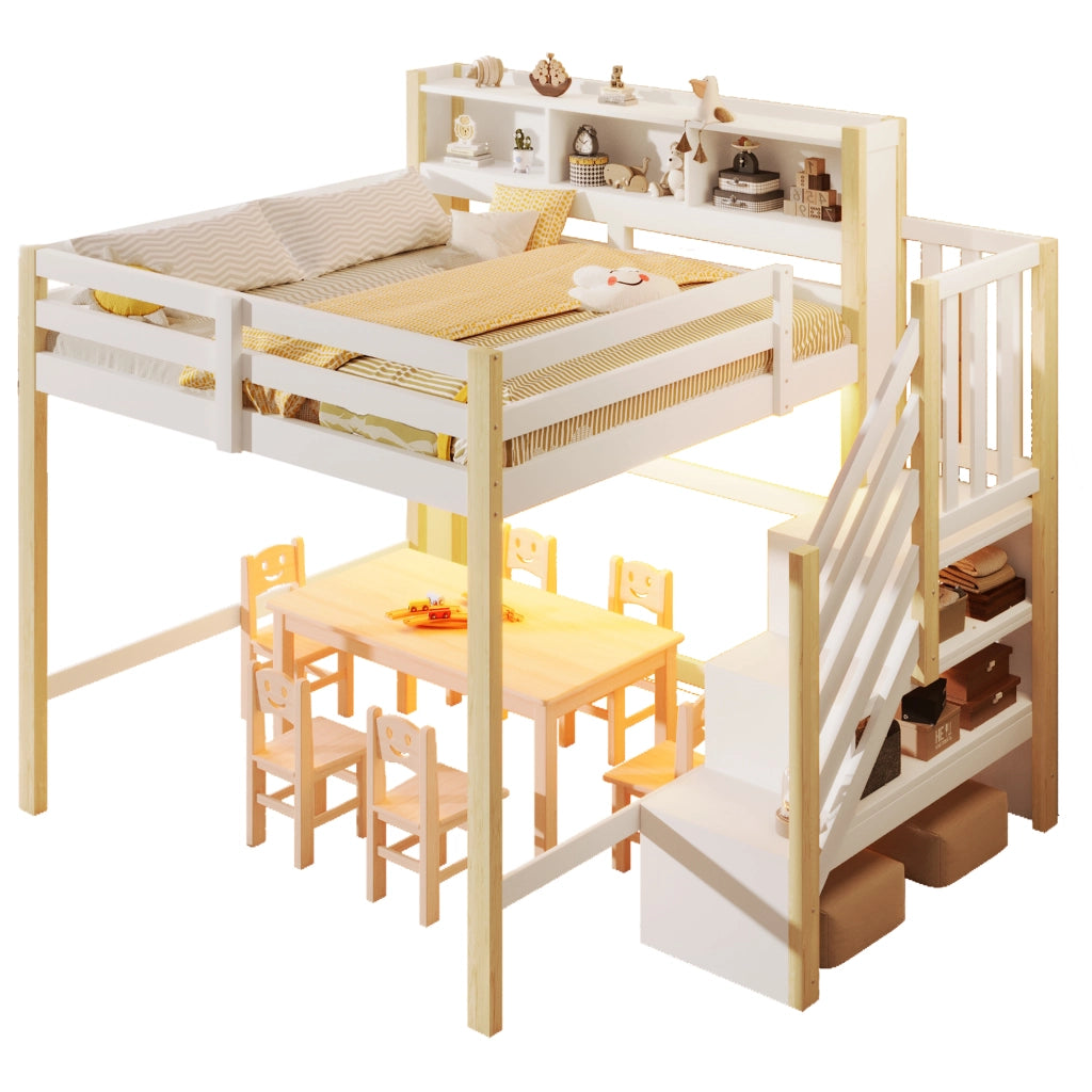 Letto a soppalco 140x200 cm con LED; scala contenitore e vani a giorno bianco naturale