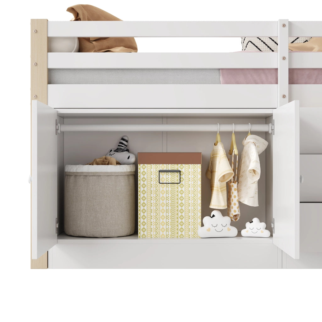 Letto a soppalco per bambini 90 × 200 cm con scala armadi cassetti barra appendiabiti bianco in MDF e legno