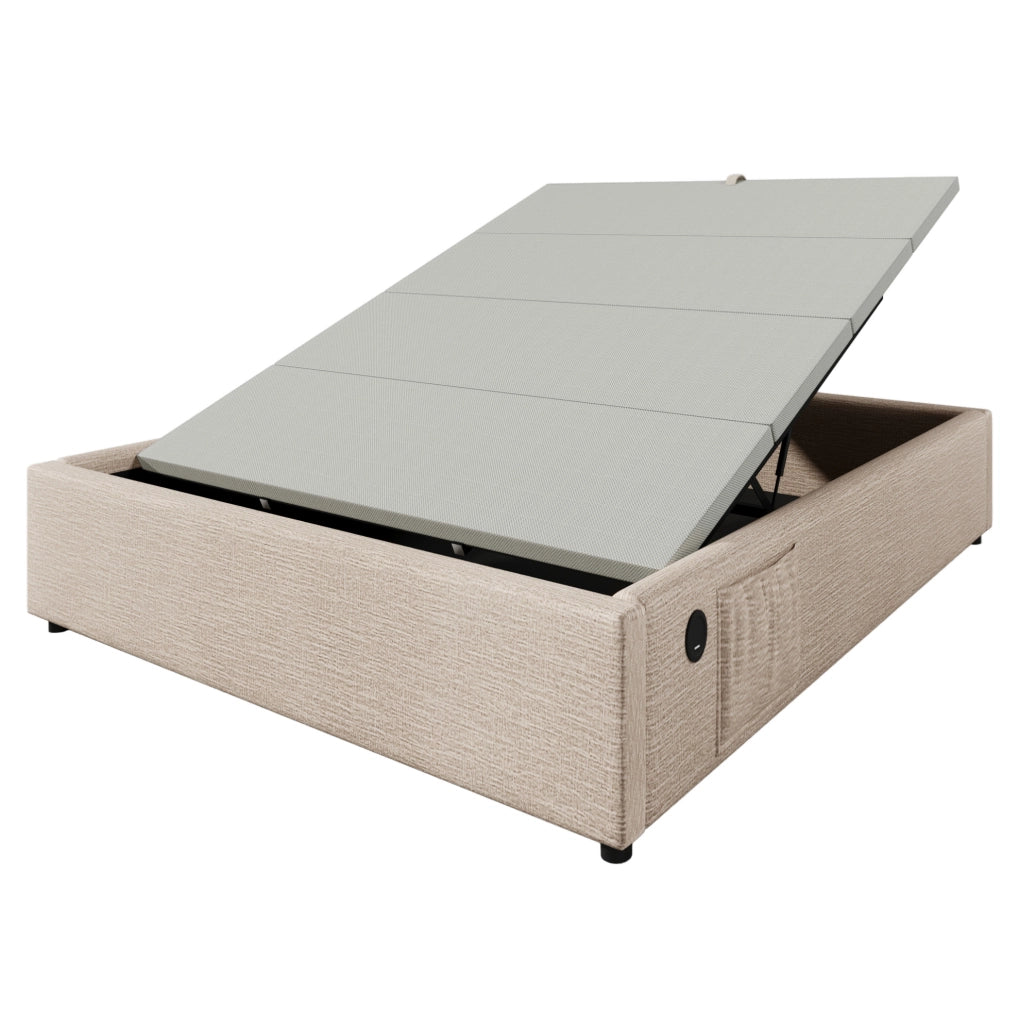 Letto matrimoniale contenitore 160x200 cm senza testiera in lino beige e naturale con USB-C HOMVRA