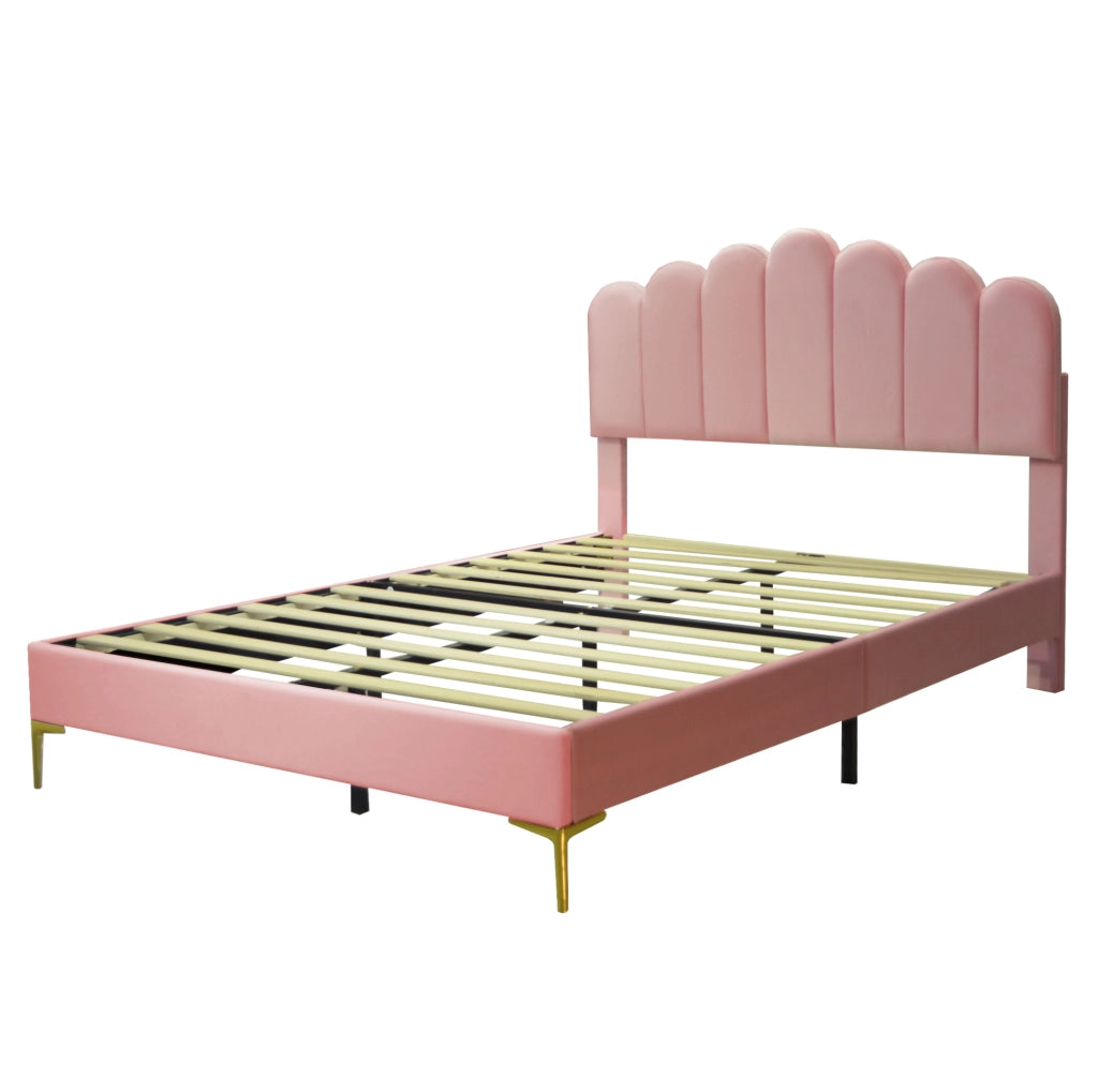 Letto matrimoniale 140 x 200 cm in velluto rosa con testiera regolabile, senza materasso