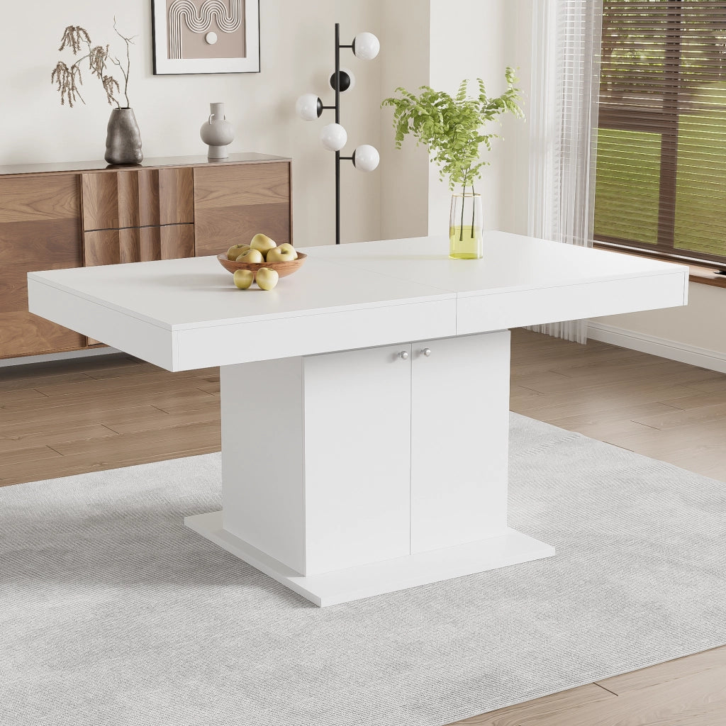Tavolo da pranzo allungabile con contenitore, 140/180 cm, bianco, in truciolare e metallo