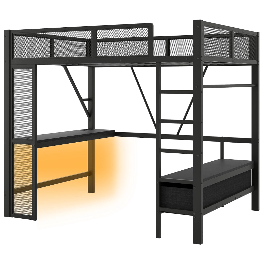 Letto a Soppalco 140x200 cm con Scrivania; Armadio; LED; USB; Scala e Sponde; Nero