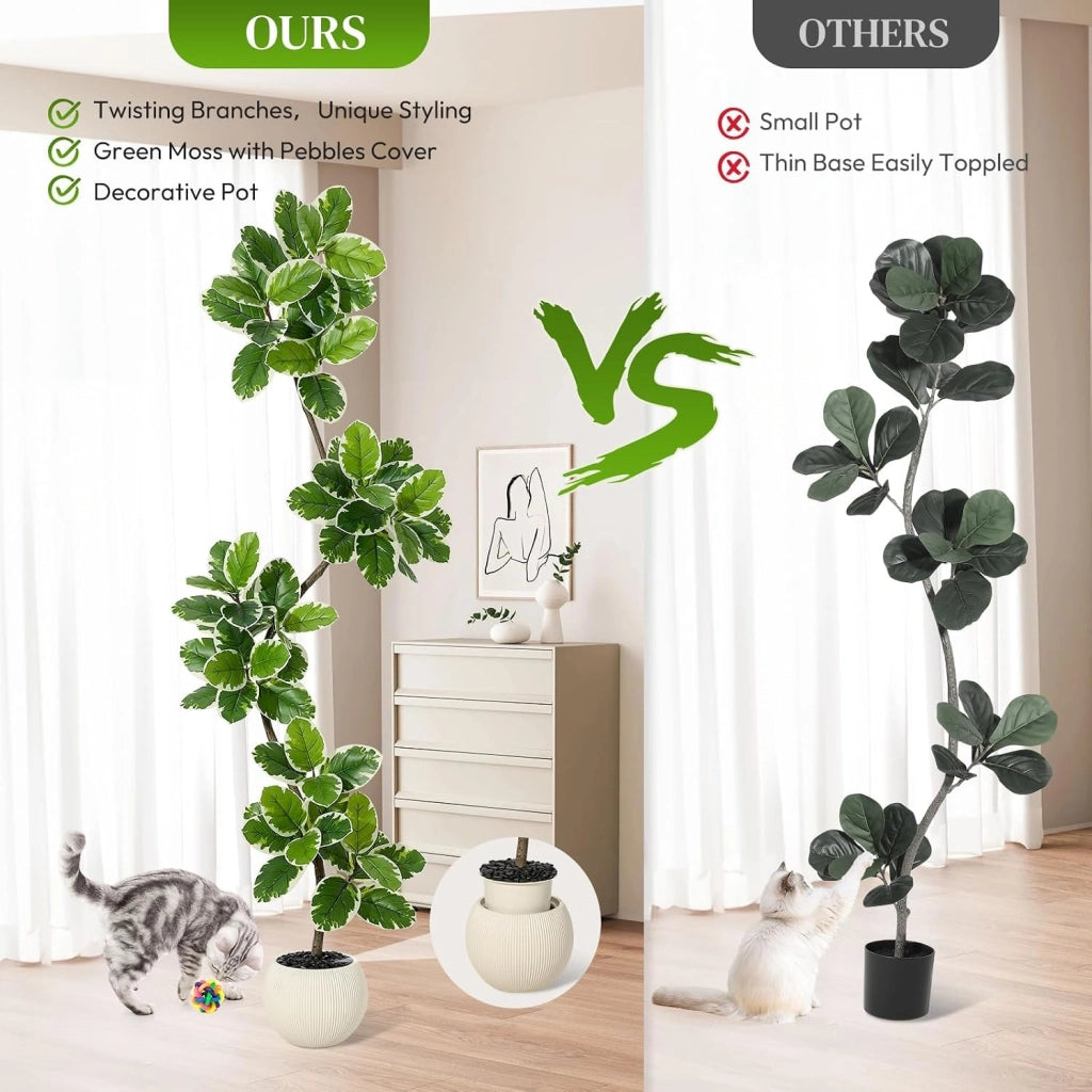 Ficus Lyrata Pianta Artificiale da Interno 150 cm con Vaso e Ciottoli Decorativi