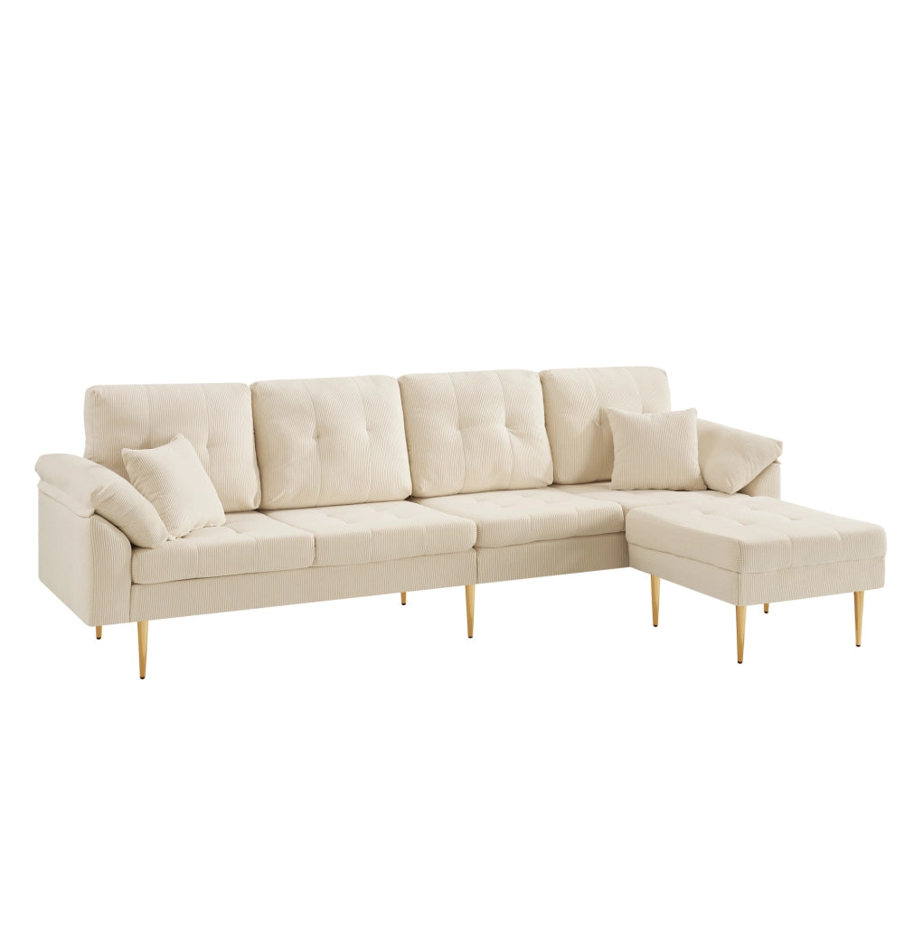 Divano 4 posti moderno in tessuto vellutato con pouf versatile, struttura in ferro da 20 cm, 250 cm, colore crema bianco