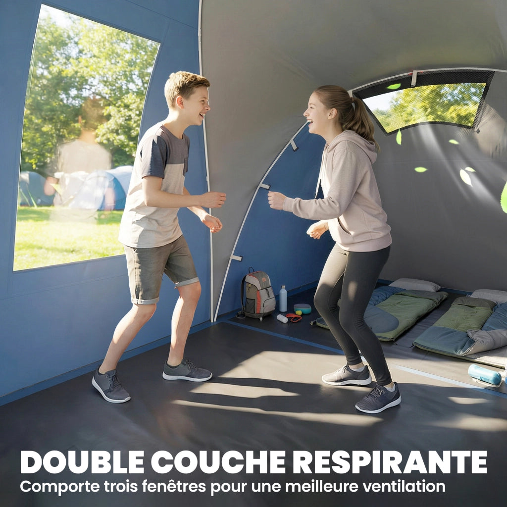 Tenda da Campeggio a Tunnel Familiare 4-5 Persone Blu Doppio Strato con 2 Camere Soggiorno Impermeabile 3000 mm per Giardino