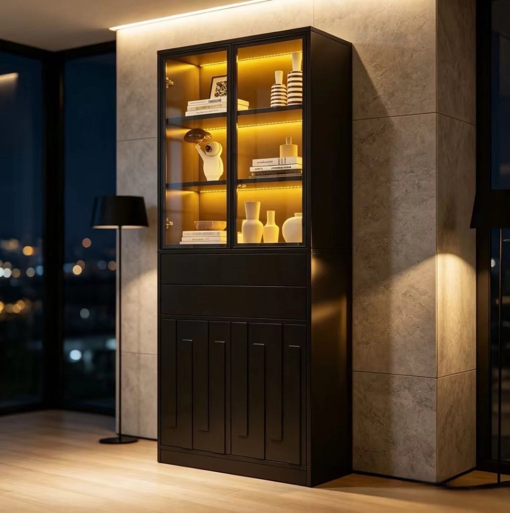 Set di 2 Vetrine Nero 70×34×180 cm in Truciolato con 2 Ante in Vetro, 2 Cassetti e Illuminazione LED Bluetooth