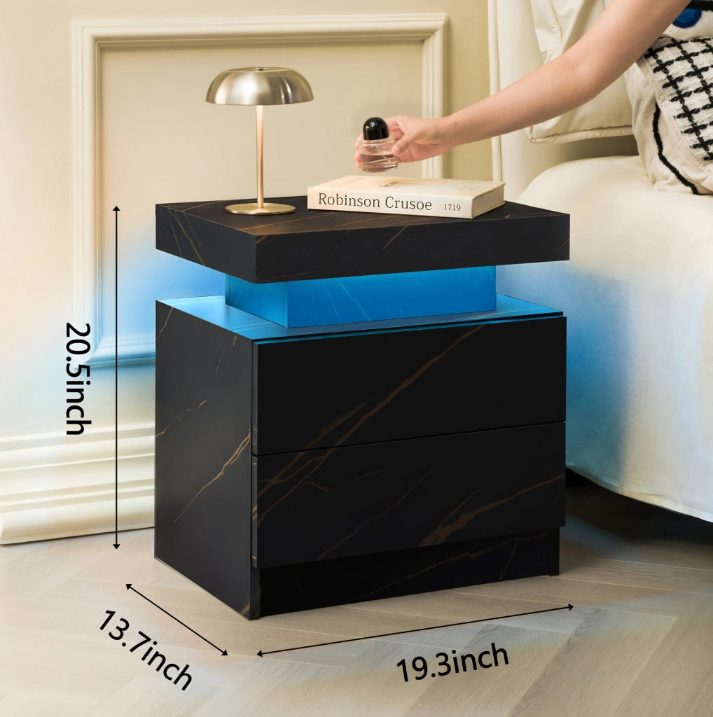 Comodino moderno con luci LED regolabili, 2 cassetti, colore nero e oro