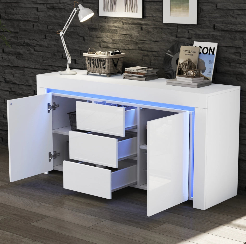 Credenza bianca lucida con 2 ante, 3 cassetti e LED