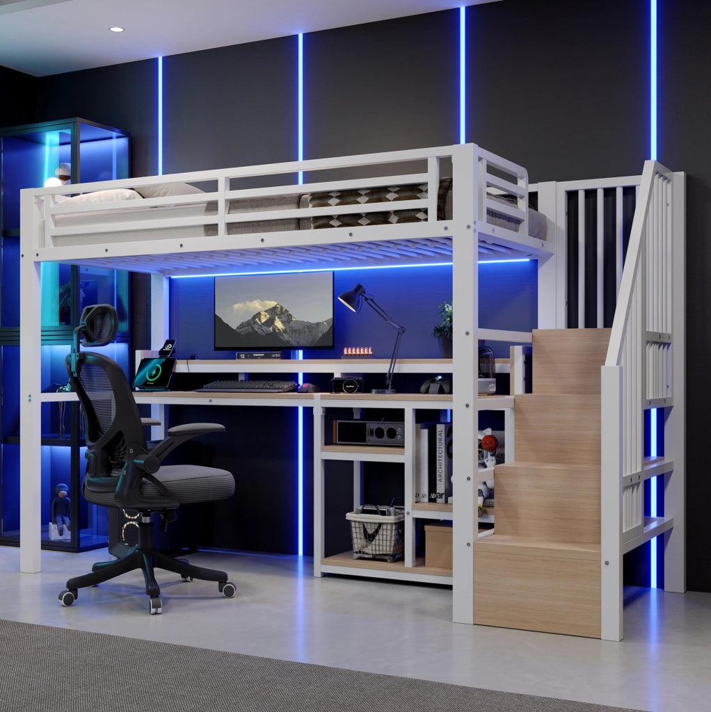 Letto a soppalco in metallo 90x200 cm con scala a armadio, ripiano, USB e Tipo-C, striscia LED, bianco, senza materasso