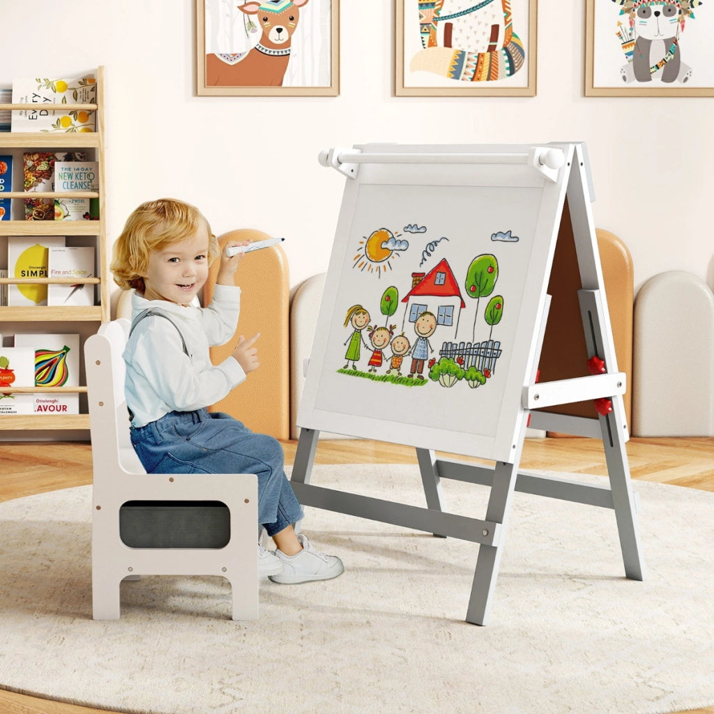 Cavalletto artistico doppia faccia per bambini con sedia contenitore, Cavalletto da disegno regolabile in altezza Grigio