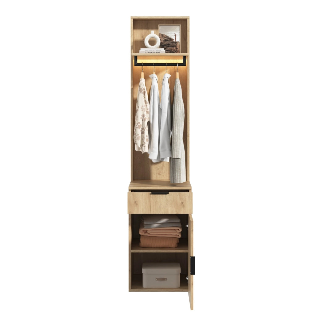 Set guardaroba con LED, appenderia, cassetto porta gioielli e 2 ripiani in MDF effetto quercia 45x47x200 cm per ingresso e soggiorno