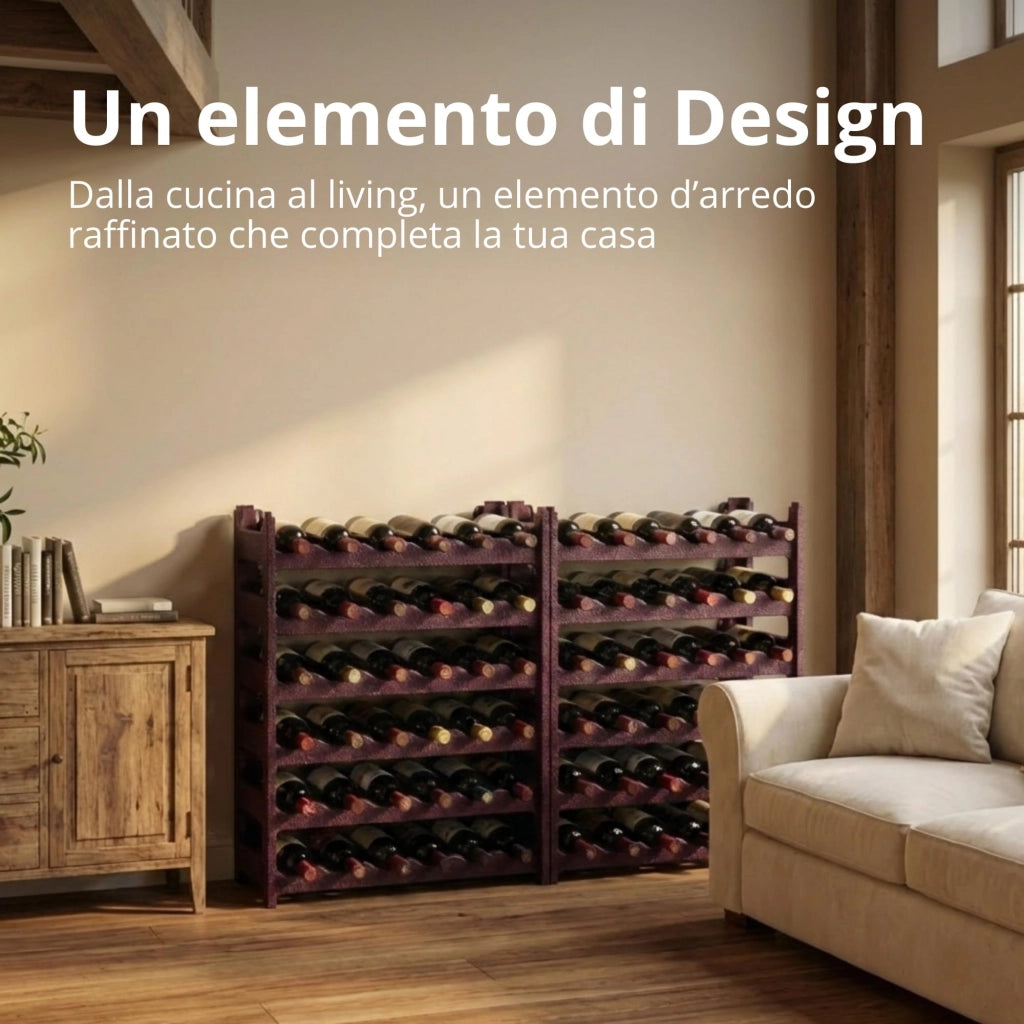 CookandSupply x TheWV Cantinetta Vino in Plastica Modulare Impilabile, Portabottiglie Effetto Pelle Martellata, 6 Bottiglie per Modulo, Scaffale Portavino Salvaspazio - Rosso Burgundy, 72