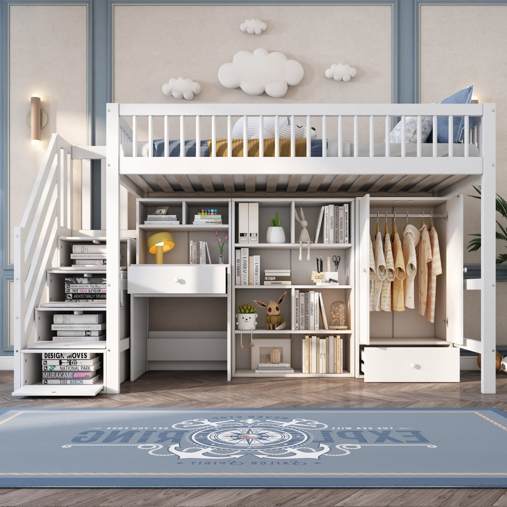 OKWISH Letto Bambino 90×200 cm, Letto Singolo con Scala Contenitore, Scrivania, Armadietti e Armadio, senza Materasso, Bianco