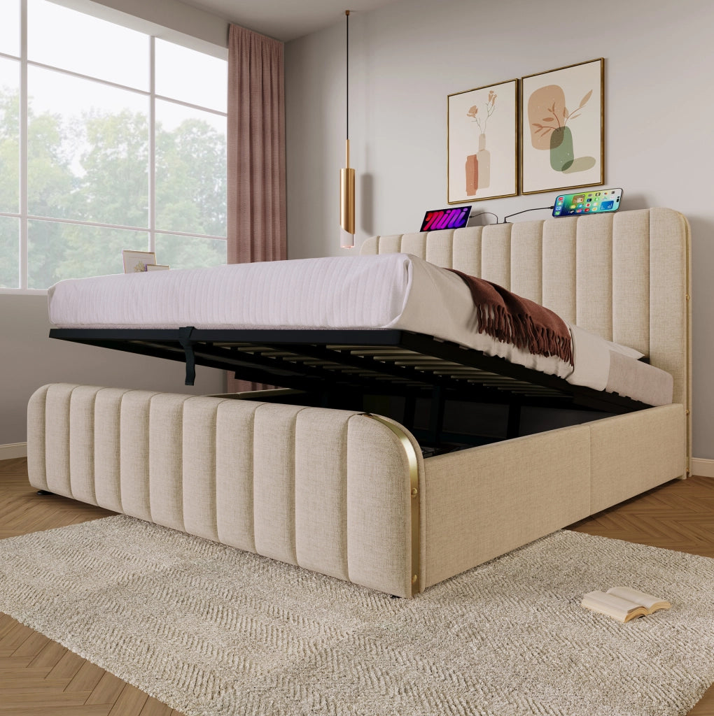 Letto matrimoniale imbottito con contenitore; USB Type-C; 180x200 cm; beige in lino; con materasso