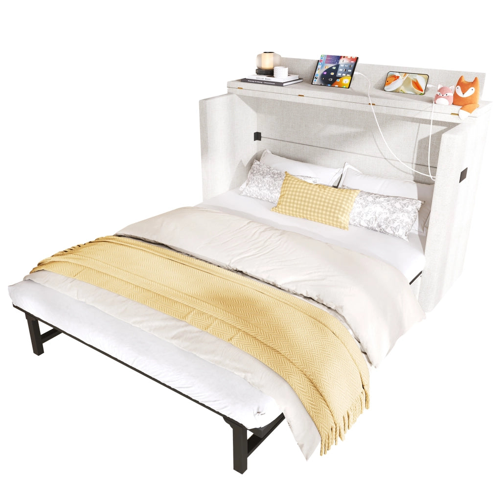 Letto a Scomparsa 140x200 cm in Lino con Cassetto; USB-C e Modulo Contenitore Mobile; Beige
