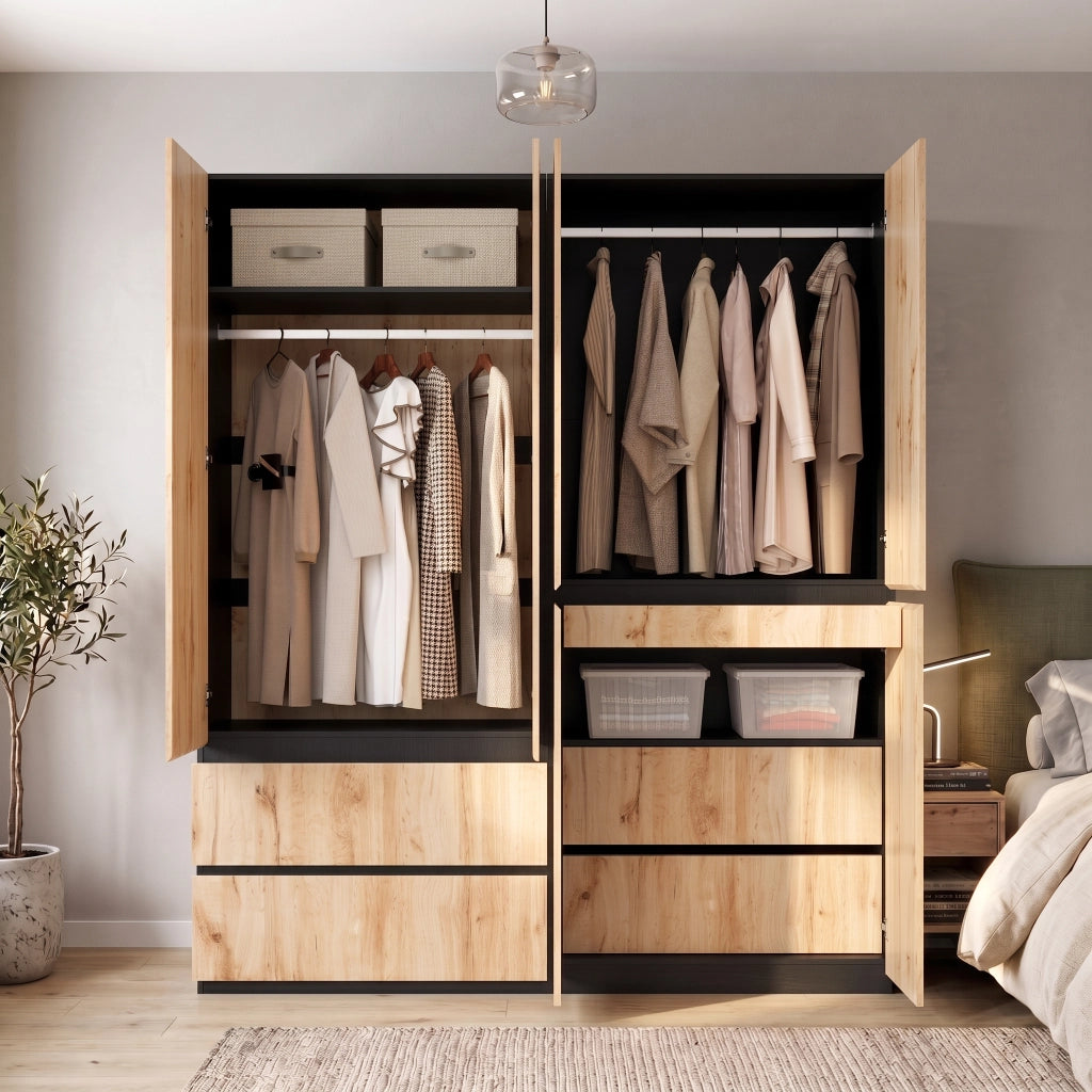 Armadio 6 ante con 5 cassetti e 2 barre appendiabiti mobile contenitore per camera da letto in MDF e pannello truciolare rovere