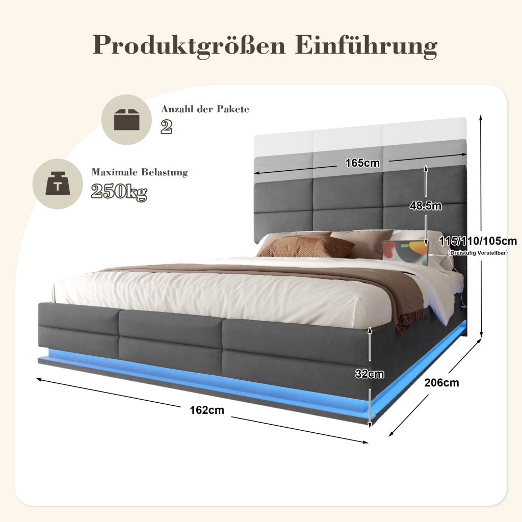 Letto contenitore 160 × 200 cm con testiera regolabile LED USB in velluto grigio