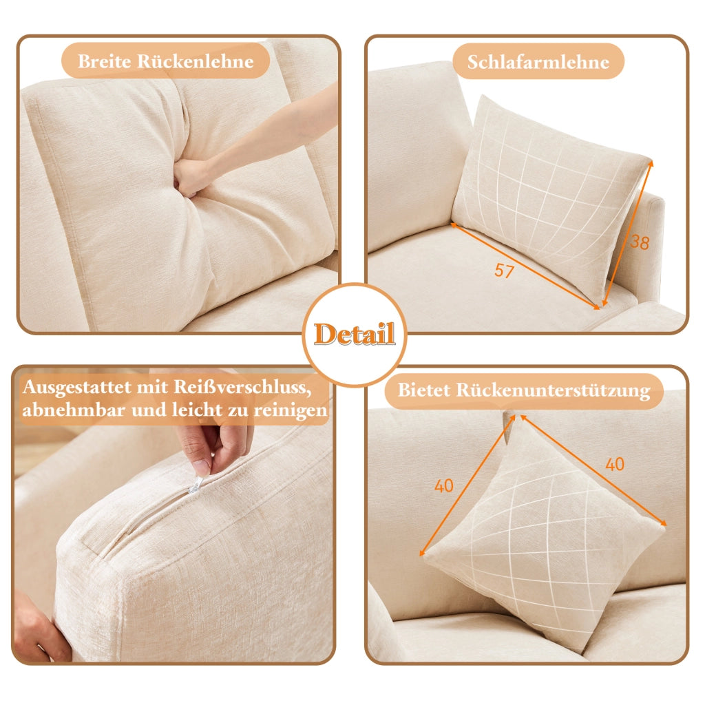 Divano angolare modulare 3 posti con pouf mobile e 4 cuscini, seduta profonda ergonomica in chenille beige